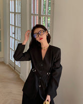 Solid Color V-Neck Long Sleeve Suit Outwear